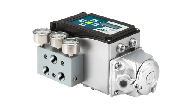 IMI STI FasTrak smart positioner mounted with pneumatic manifold and gauges